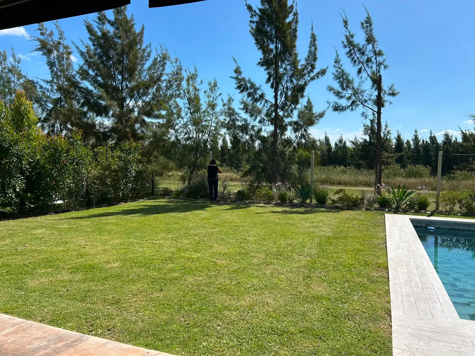 Jardín amplio con césped y pileta en un country de Pilar — proyecto de paisajismo